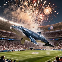 a flying whale zooms over an NFL stadium with fireworks cinematic lighting