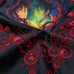 ornately stitched black silk cloth with detailed ruby patterns being absorbed by a trilifocate, toxic color palette, atmospheric perspective, style of masamune shirow, style of brian sum, style of satoshi kon, style of peter mohrbacher,