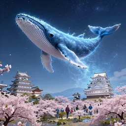 massive flying whale with water aura jumps over himeji temple in a mutiversal otherworldly realm, star trek style, by peter mohrbacher, jeremy mann, francoise nielly, android james, ross tran, beautiful, award winning scenery, clean details, serene, sakura season