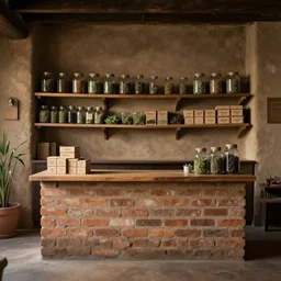 an herbalist shop, adobe wall, a simple brick counter in the center, simple wood shelves, lots of jars and boxes of herbs, dark fantasy matte painting in the style of ruan jia and craig mullins