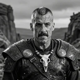 a cinematic view of wide bw photo from a very ornated old adam sandler viking, shaved haircut, mexican mustache, showing celtic tattoos in the head, using leather armour with necklace of bones, naughty expression, photorealistic, volummetric light, depth of field, detailed, texturized, zeiss lens high professional mode