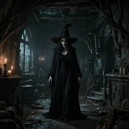 A scary witch in the shadows of a dark decrepit cottage, highly detailed interior, hyperrealistic, Lumion 8k UHD