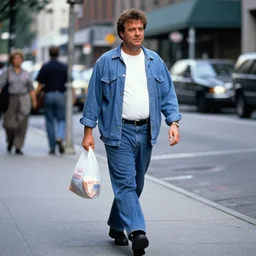 Chris Farley walking down a city street while holding a plastic bag, 35mm film still from 1994