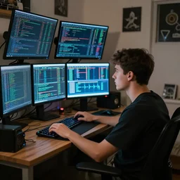 a young man sitting on his computer in his messy bedroom staring at several computer monitors showing crypto trades, chill vibes