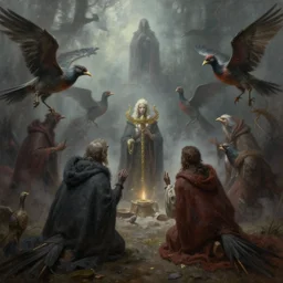 masterful fantastic realist painting of the enchanted sacrifice ritual of unusual moody birds wearing cloaks, weird perspective, digital painting trending on artstation, volumetric lighting and mist, hyperrealistic, octane render