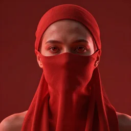 woman with cloth covering her face, highly detailed, modern, digital art, red color, unreal engine, photorealism, cinematic lighting, 8k photorealistic, dramatic, trending on artstation