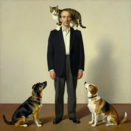 a painting of a man standing. above the man is a cat. below the man is another cat. to his left and right there are dogs. the dogs are looking at the cats in a hungry way. the painting is by salvador dali, trending on artstation