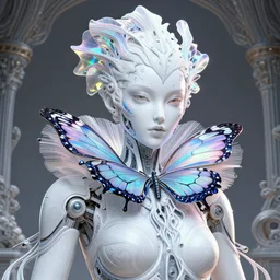 portrait of an absurdly beautiful, graceful, sophisticated, fashionable cyberpunk mechanoid, hyperdetailed illustration by irakli nadar, matt wisniewski style, intricate linework, white porcelain skin, iridescent fractal headdress, day - glow facepaint, jellyfish butterfly ruff neckware, unreal engine 5 highly rendered, global illumination, radiant light, detailed and intricate environment