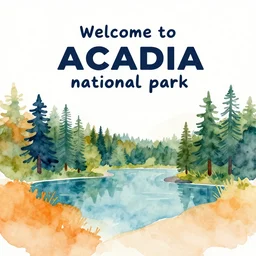 welcome to acadia national park! vibrant tourist poster, minimalism, tourism, rich color palate, watercolors, trending on artstation