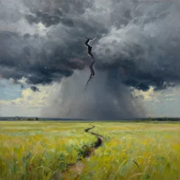 a giant stormy rift in reality opens over a calm field in summer, award-winning, trending on artstation, oil on canvas, masterpiece, matte painting