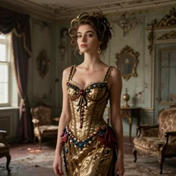 woman in exotic costume by bakst, background of decaying victorian guest room by dore