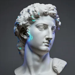 renaissance sculpture head with neon art, hyper detailed