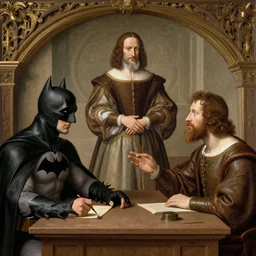 batman having a debate with leonardo davinci in renaissance time, masterpiece