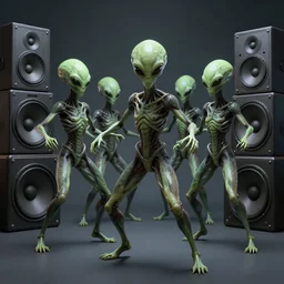 aliens brainsuckers warriors dance to techno music with giant speakers, perfect faces, fine details, studio lighting,, subtle shadows, art by katsuya terada, photorealism, hyper realism, octane render, hyper detailed, medium shot, 8 k, raw, unedited, in - frame,
