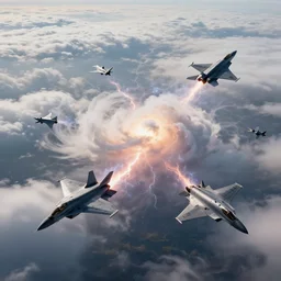 cinematic areal shot electric field expanding turbulent fighter jets in the clouds