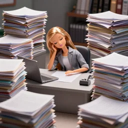 a barbie doll with an exhausted!!!!!! expression sits at a desk in her office. the desk is overflowing!!! with several large stacks!!! of paper that surround her entirely. her head is resting on her hand, photorealistic,