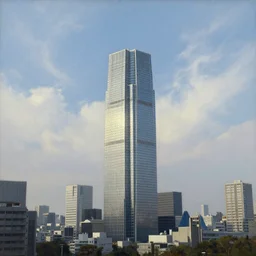 classicism painting of a gleaming skyscraper, cityscape, wispy clouds, Tokyo