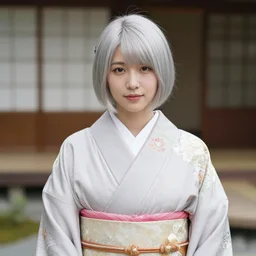 Realistic version of a beautiful Japanese woman nice woman with short silver hait's over here in a traditional Japanese background wearing a kimono