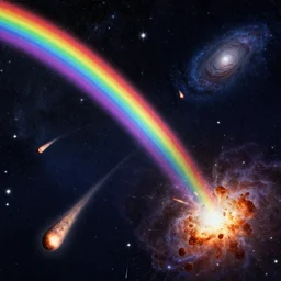 stars dying in the universe!! rainbow trail, meteorites, explosion, galaxies