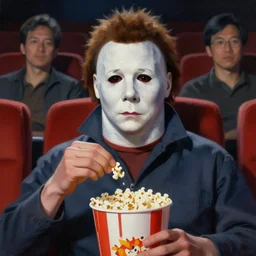 dynamic portrait painting of Michael Myers sitting in a movie theater eating popcorn, sharp focus, face focused, trending on ArtStation, masterpiece, by Greg Rutkowski, by Ross Tran, by Fenghua Zhong, octane, soft render, oil on canvas, moody lighting, high contrast, cinematic, professional environmental concept art