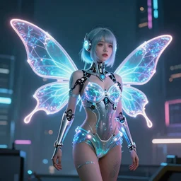 cyborg fairy girl with neon firefly wings in a cyberpunk city