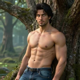 a photograph of a thirty - something healthy man with a medium chiseled face, with a tiny bit of a day's beard growing in, but not too much. piercing white eyes, short - medium length dark black hair, wearing jeans leans against a magical tree romance novel fantasy photoshoot epic detailed and itricate digital photo trending on artstation by wlop octane render