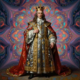 beautiful oil painting, full length portrait of vampire dauphinois in baroque coronation robes 1701, Dan Mumford, Dan Mumford, Alex grey, hyacinthe rigaurd, highly detailed , lsd visuals, dmt fractal patterns, visionary art, psychedelic art, ornate, vaporwave, baroque, Greg rutkowski