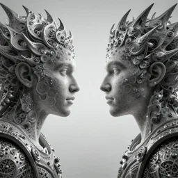 the battle between good and evil, fantasy character portrait, made of fractals facing each other, ultra realistic, wide angle, intricate details, the fifth element artifacts, highly detailed by peter mohrbacher, hajime sorayama, wayne barlowe, boris vallejo, aaron horkey, gaston bussiere, craig mullins