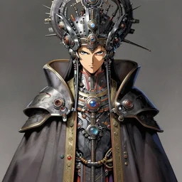 a portrait of a futuristic scifi technopriest, long robes, highly advanced technology, elaborate headdress, matte illustration by yoshitaka amano, cover art, trending on artstation, anime style, 8 k, sharp focus, yoshitaka amano art