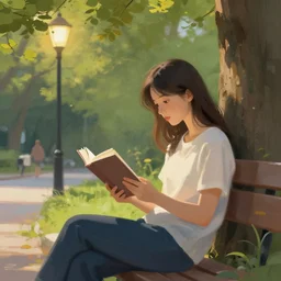 a girl reading a book, city park, street lighting, greg rutkowski, digital painting