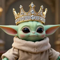 Grogu with a diamond jeweled crown with a golden crown, photo-realistic, highly detailed, 8k, in the art style of Filip Hodas, 8k