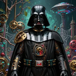 darth vader, psychedelic, mdma, lsd, psilocybin clockwork, h. r. giger, gothic, giger textures, dmt, hyper realism, surrealism, 8 k, gears, cogs, springs, branches, leaves, aztec, webs, ufo, alien, cathedral, black and gold, teal and red
