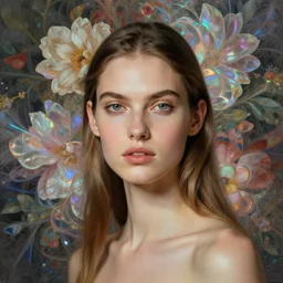 portrait latina supermodel with floral background : : holographic fractals : : by karol bak, artgerm, moebius, elena masci, tom bagshaw, giuseppe arcimboldo : : portrait, illustration, photorealism, hyperrealism, surrealism, negative space