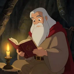 Gandalf reading a tome by candle light in the style of JM Animation