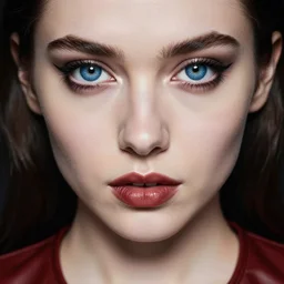 a close up photograph of a young woman in leather dress, 9 0 s goth, blue eyes, dof, sharp focus, highly detailed face, symmetric face, realistic iris, cinestill 8 0 0 t, photography by paolo roversi