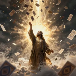 man in robes throwing mamluk cards into the air, cards in the breeze, swarm of cards, cloud of cards, fantasy art by greg rutkowski