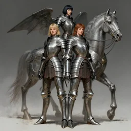 portrait of two women full body metal medieval armor walkyrie and cyborg horse by gaston bussiere, anna nikonova aka newmilky, greg rutkowski, yoji shinkawa, yoshitaka amano, tsutomu niehi, moebius, donato giancola, geoffroy thoorens, concept art, trending on artstation, featured on pixiv, cinematic composition, 8 k