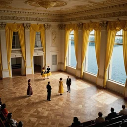 1 9 7 0 s movie still of a neoclassical ballroom with yellow drapery and windows next to a big lake, cinestill 8 0 0 t 3 5 mm eastmancolor, by magritte, by piranesi, heavy grain, high quality, high detail, isometric view