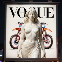 night time photo of billboard advertisement of extremely beautiful female black marble statue in the style of virgil abloh, colorful motocross logos behind her, sharp focus, clear, detailed,, cinematic, detailed, off white, glamourous, symmetrical, vogue, editorial, fashion, magazine shoot, glossy