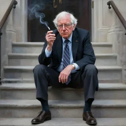 a portrait of a calm bernie sanders smoking, sitting on temple stairs, painted by zdzislaw beksinski