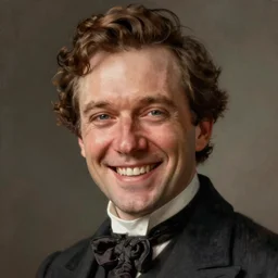 Portrait of a smiling man wearing a suit, male, cheerful, jolly, detailed face, victorian, highly detailed, cinematic lighting, digital art painting by greg rutkowski