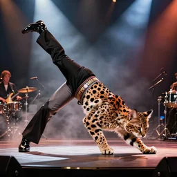 serval elvis's on stage that is collapsing, photorealistic