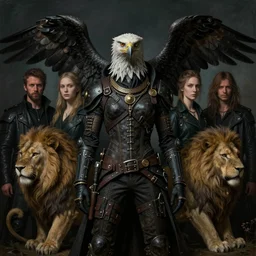 a symmetrical matte portrait of staempunk biker thoth withthe head of an eagle and a lions tail, cinematic atmospheric lighting, painted, intricate, ultra - portrait by dave dorman hieronymus bosch, cyril rolando, esher and natalie shau, whimsical, profound, impossible. trending on devaintart. dark, brooding,