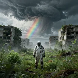 a beautiful award-winning photo of a lone man wearing a damaged hazmat suit in a desolated post-nuclear world, lush mutated greenery growing over derelict concrete buildings, massive thunderclouds on the horizon, rainbow dust, wind, cosmic horror, depression, madness, intricate detail, volumetric lighting, haze, very high quality, extremely detailed, subtle visual noise, hyperrealistic, 8K