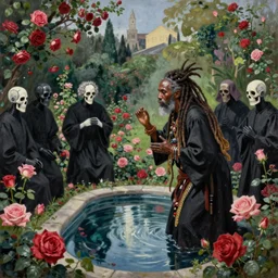 a haitian shaman with dreadlocks being being worshipped by a haitian death cult wearing black robes in a rose garden with a reflective pool, by Zdzislaw Beksinski and greg rutkowski and android jones and thomas kinkade in a surreal portrait style, oil on canvas, 8k, hd,