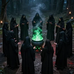 blood cult ritual midnight mass, standing in a circle with black hoods and magic cauldron with green energy and smoke, incantations