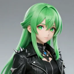 a hologram of decora styled green haired yotsuba koiwai wearing a gothic spiked jacket, background full of lucky clovers and shinning stars, holography, irridescent, baroque visual kei decora art