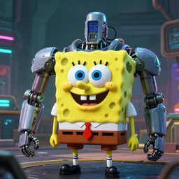 spongebob as a cyborg in cyberpunk 2 0 7 7, technological, movie footage, high - tech, still frame