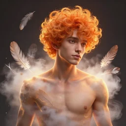 glowwave portrait of curly orange hair man from overwatch, made of feathers mist and cloud, au naturel, hyper detailed, digital art, trending in artstation, cinematic lighting, studio quality, smooth render, unreal engine 5 rendered, octane rendered, art style by pixar dreamworks warner bros disney riot games and overwatch.
