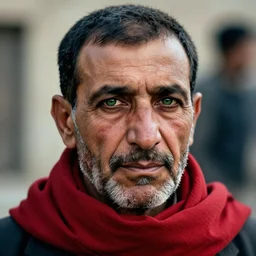 portrait of president stavros halkias as afghan man, green eyes and red scarf looking intently, photograph by steve mccurry